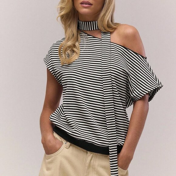 Casual Women's Asymmetrical Neck Slouch Stripe Scarf Detail blouse - Picture 1 of 5